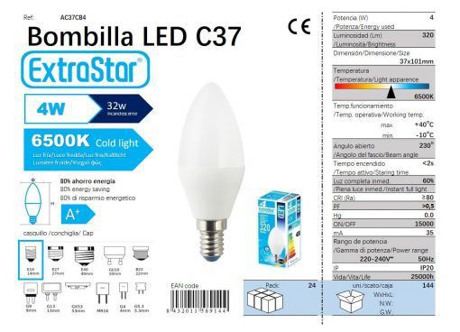 LÂMPADA VELA LED C37 4W E14 6400K LUZ DIA CAJA LED 4W