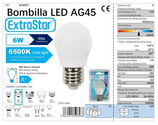 LÂMPADA BOLA LED 6w E27 6400K LUZ DIA CJ120 6W LED