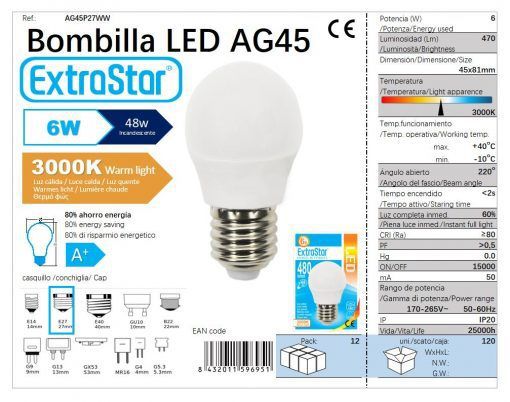 LÂMPADA BOLA LED 6w E27 3000K LUZ QUENTE CJ120 6W LED