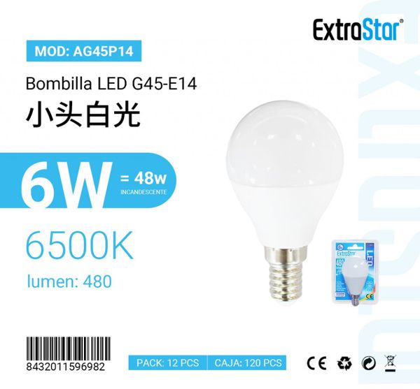 LÂMPADA BOLA LED 6w E14 6400K LUZ DIA CJ120 6W LED