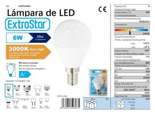 LÂMPADA BOLA LED 6w E14 3000K LUZ QUENTE CJ120 6W LED