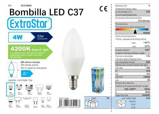 LÂMPADA VELA LED C37 4W E14 4200K LUZ NATURA CAJA LED 4W