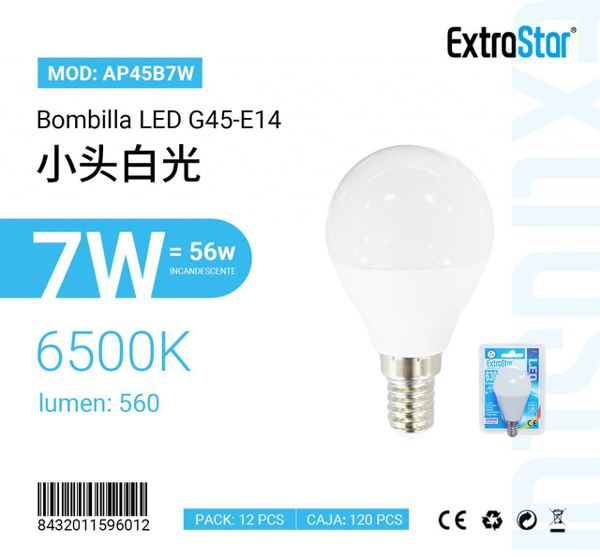 LÂMPADA BOLA LED G45 7w E14 6400K LUZ DIA CJ120 7W LED