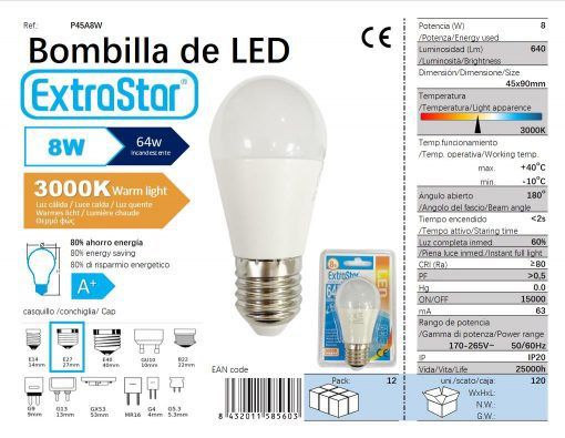 LÂMPADA BOLA LED G45 8W E27 3000K LUZ QUENTECJ120 8W LED