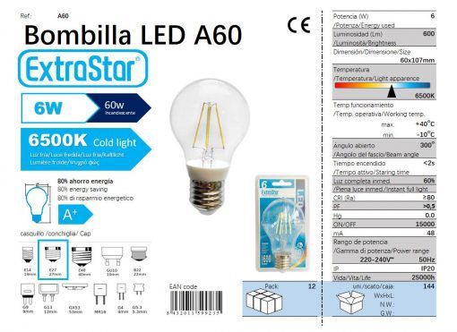 LÂMPADA BOLA LED E27 5.5W 300o 6500K LUZ DIA LED 6W