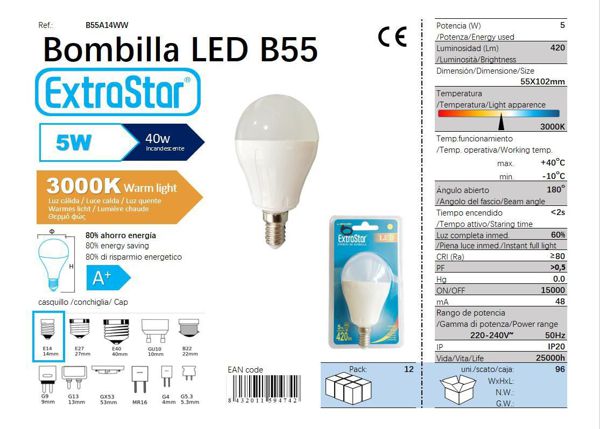 LÂMPADA BOLA LED 5W E14 AP 3000K CJ96 LED 5W
