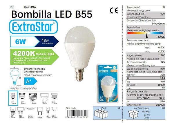 LÂMPADA BOLA LED 6W E14 AP 4200K CJ96 LED 6W