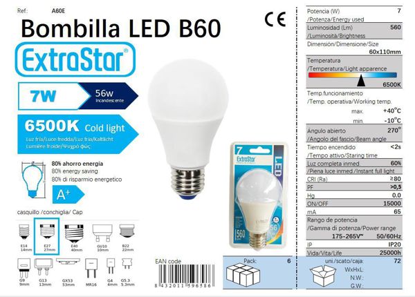 LÂMPADA BOLA LED 7W E27 SP 6500K LUZ DIA CJ72 LED 7W