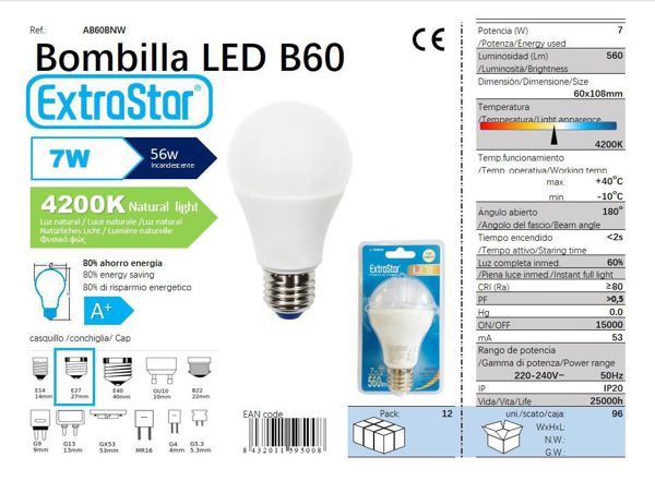 LÂMPADA BOLA LED 7W E27 AP 4200K LUZ NATURAL LED 7W