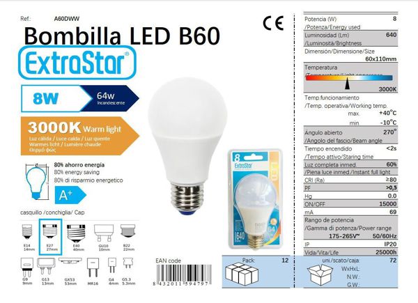 LÂMPADA BOLA LED 8W W27 SP 3000K LUZ QUENTE CJ72 LED 8W