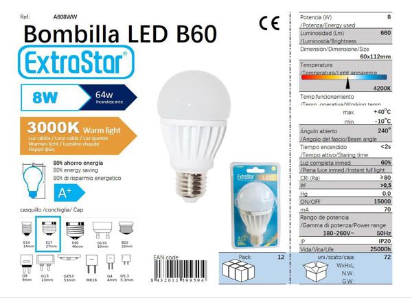 LÂMPADA BOLA LED 8W E27 ALUM 3300K LUZ QUENTE LED 8W