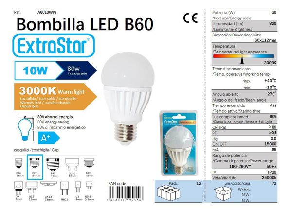 LÂMPADA BOLA LED 10W E27 ALUM 3300K LUZ QUENTE CJ72 LED 10W