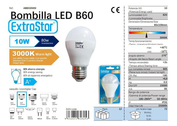 LÂMPADA BOLA LED 10W E27 AP 3000K LUZ QUENTE CJ72 LED 10W
