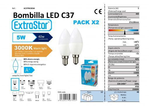 LÂMPADA VELA C37 PAK2 E14 5W 3000K LUZ QUENTED CAJA LED 5W