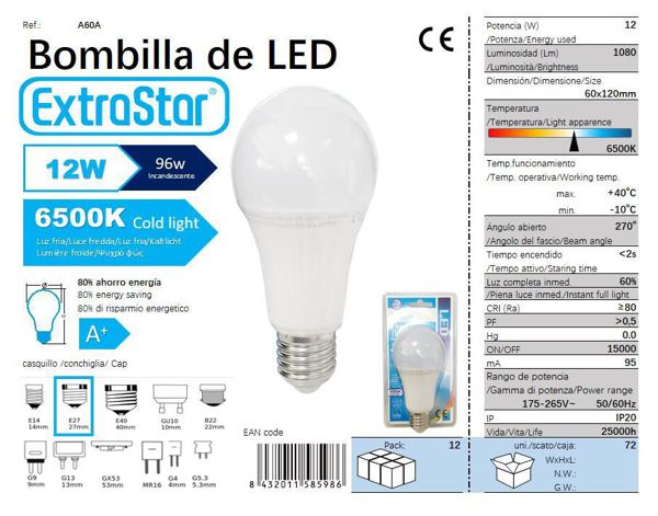 LÂMPADA BOLA 60 E27 12W 1080 LUMEN 6400K LUZ DIA LED 12W