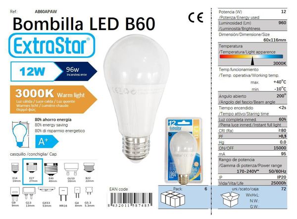 LÂMPADA BOLA 12W E27 AP 300K LUZ QUENTE CJ72 LED 12W