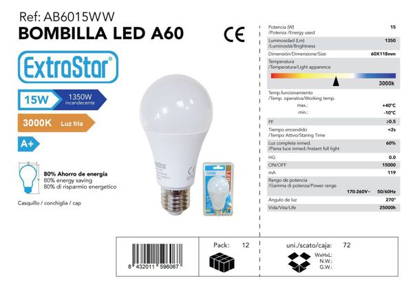 LÂMPADA BOLA LED 15W E27 AP 3000K CJ72 LED 15W