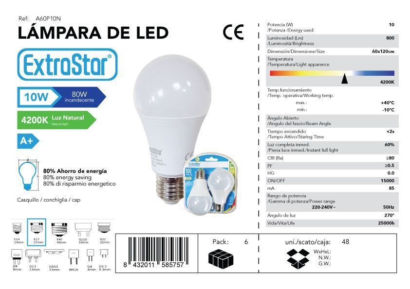 LÂMPADA LED A60 PACK 2 E27 10W 4200K CJ48 LED 10W