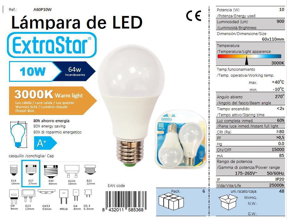 LÂMPADA LED A60 PACK 2 E27 10W 3000K CJ48 LED 10W