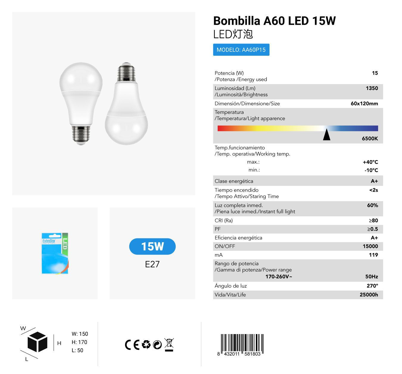 LÂMPADA LED A60 PACK 2 E2715W 6500K CJ36 LED 15W