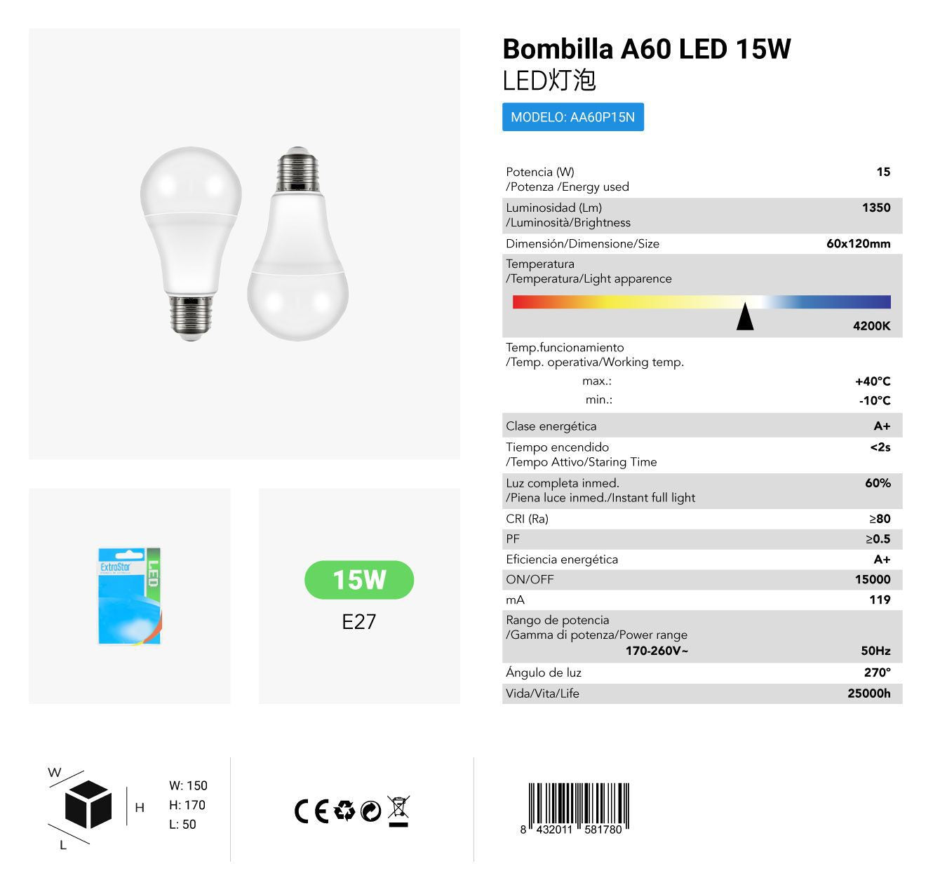 LÂMPADA LED A60 PACK 2 E2715W 4200K CJ36 LED 15W