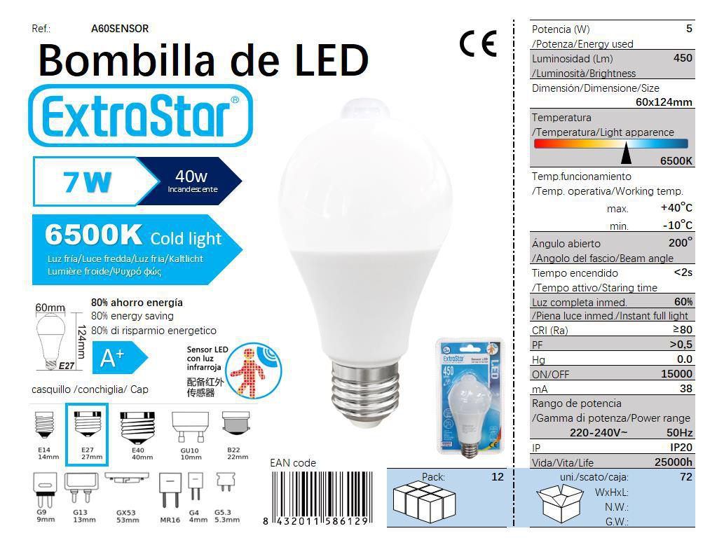 LÂMPADA LED A60 SENSOR PIR 7W LUZ FRIA 6500K LED 7W