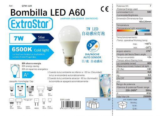LÂMPADA BOLA A60 E27 7W COMTRO LUZ 6500K LUZ DI LED 7W