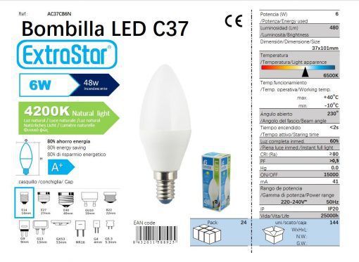 LÂMPADA VELA LED C37 6W E14 4200K LUZ NATURA CAJA LED 6W