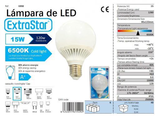 LÂMPADA BOLA LED 15W 9.5CM LUZ DIA 6500K CJ48 LED 15W