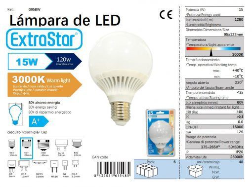 LÂMPADA BOLA LED 15W 9.5CM LUZ QUENTE 3000K CJ48 LED 15W