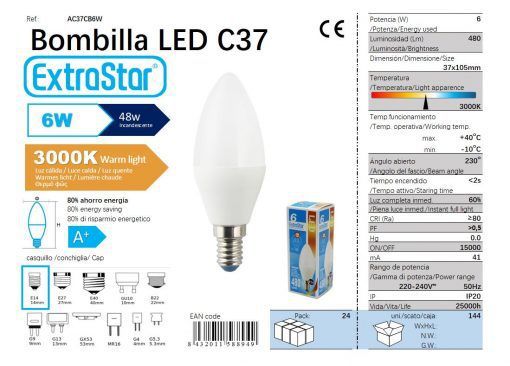 LÂMPADA VELA LED C37 6W E14 3000K LUZ QUENTED CAJA LED 6W
