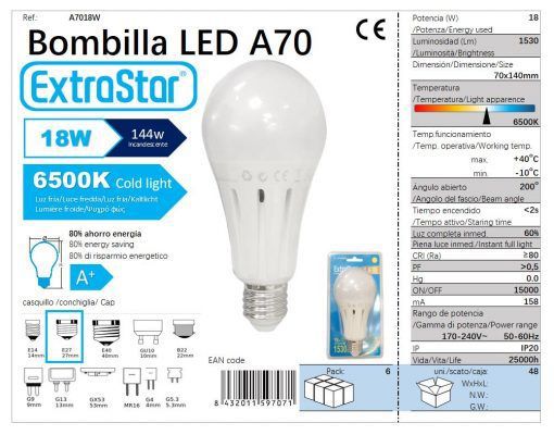 LÂMPADA BOLA LED E27 18W 140X70MM 6500K LUZ DIA LED 18W