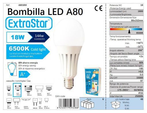 LÂMPADA BOLA LED E27 18W 155X80MM 6500K LUZ DIA LED 18W