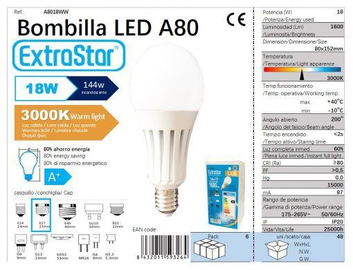 LÂMPADA BOLA LED E27 18W 155X80MM 3000K LUZ QUENTED LED 18W