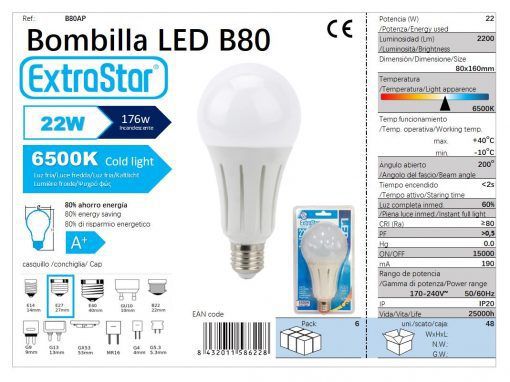 LÂMPADA BOLA LED E27 22W 160X80MM 6500K LUZ DIA C LED 22W