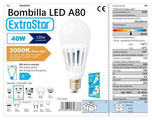 LÂMPADA BOLA LED E27 40W 95X225M 3000K LUZ QUENTED LED 40W