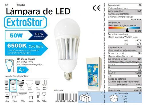 LÂMPADA BOLA LED E27 50W 95X225MM 6500K LUZ LED 50W