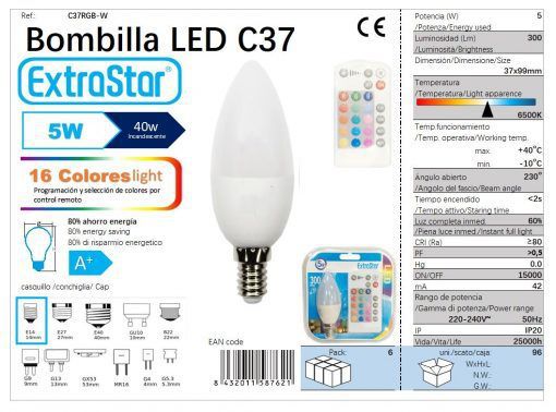LÂMPADA VELA C37 RGB MULTICOR MANDO 5W E14 CJAC37RGB-W LED 5W