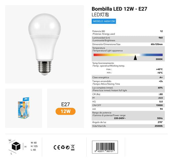 LÂMPADA BOLA LED A60 12wE27 3000K LUZ QUENTE CJ96 LED 12W