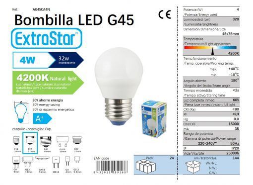 LÂMPADA BOLA LED G45 4w E27 4200K LUZ NATUR CAJA LED 4W