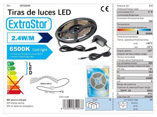 TIRA LED 30 M ACUATICA 6500K LUZ FRIA 5 MTS 5 2.4W