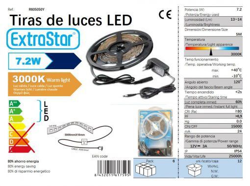 TIRA LED IP54 5050 30LED M LUZ QUENTE 5 MTS CJ12 5 7.2W