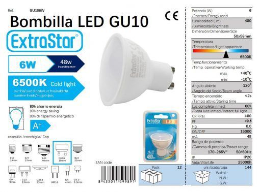 LÂMPADA LED GU10 6W 480LM 6500K LUZ DIA CJ144 LED GU10 6W