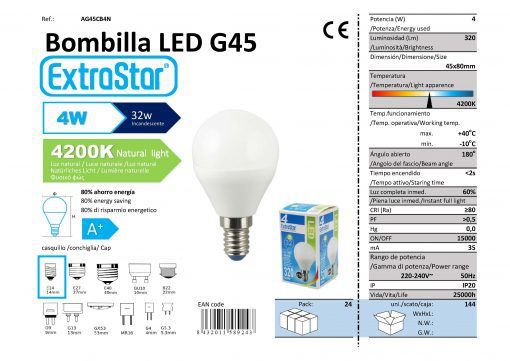 LÂMPADA BOLA LED G45 4w E14 4200K LUZ NATURA CAJA LED 4W
