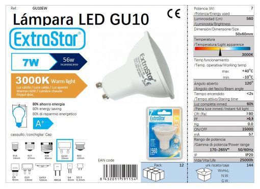 LÂMPADA LED GU10 7W 3000K LUZ QUENTE LED GU10 7W