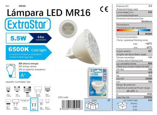 LÂMPADA LED GU10 6X1 6500K LUZ DIA CJ144 LED MR16 5.5W