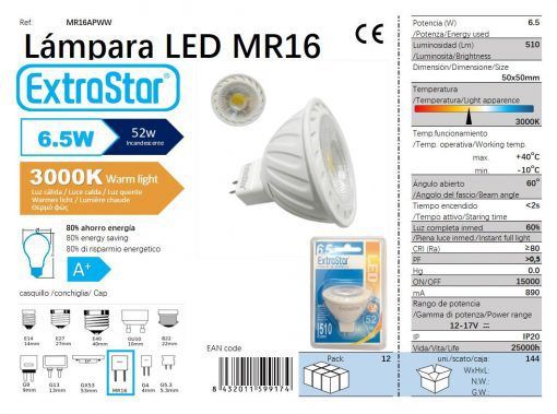 LÂMPADA LED COB MR16 12V 6.5W 200o LUZ QUENTE LED MR16 6.5W