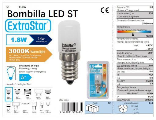 LÂMPADA LED DIRETIVO E14 2W 3000K LUZ QUENTE LED 1.8W