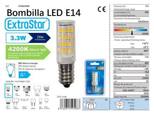 LÂMPADA LED DE PILAR 360o 3.3W E14 54X16mm 4200k LED 3.3W