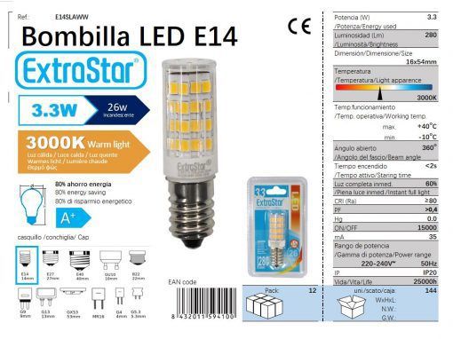 LÂMPADA LED DE PILAR 360o 3.3W E14 54X16mm 3000k LED 3.3W